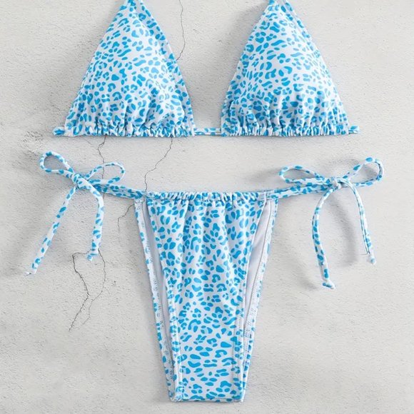 2 Piece Swimsuit, Halter Tide Side Triangle Bikini, Spaghetti Strap - Blue - Picture 6 of 6